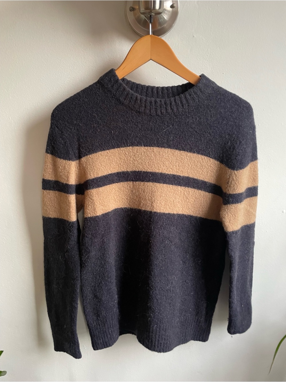Crewneck Stripe Sweater in Navy and Tan